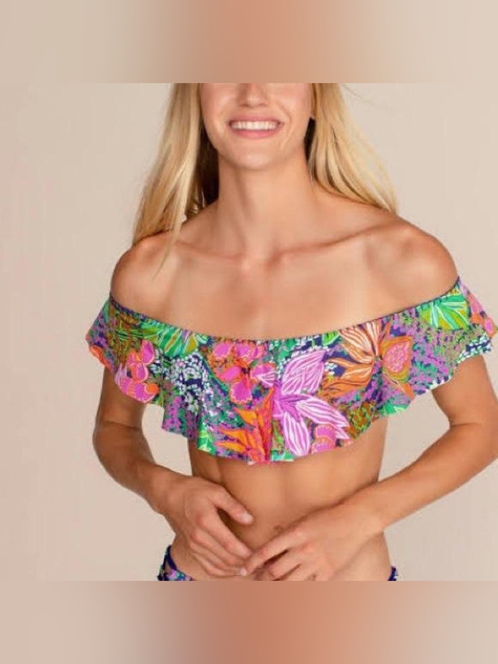 Trina Turk Tropic Escape Off the Shoulder Bikini Top Sz 6 Summer Floral